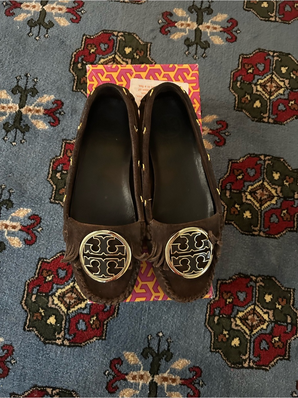 Tory Burch Brown Suede Moccasin Flats with Gold Logo